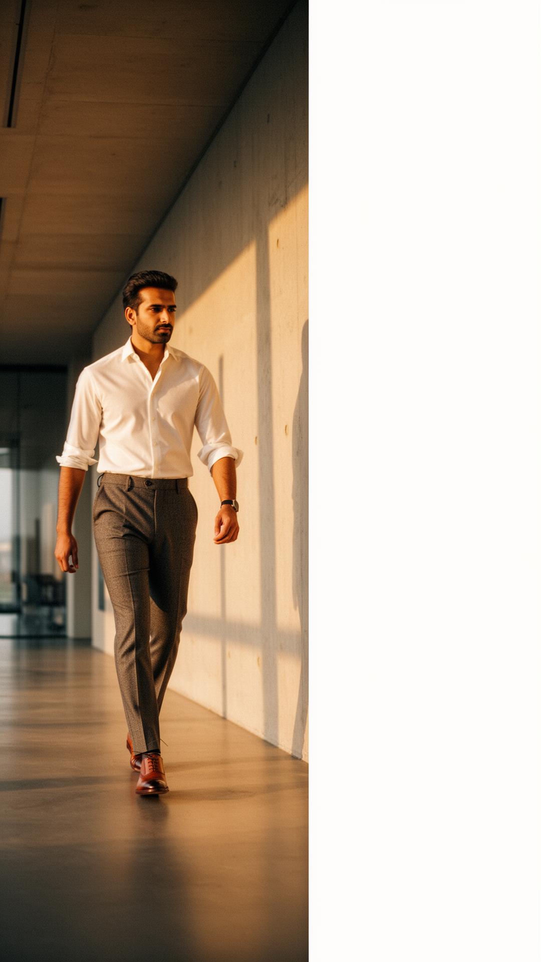 Modern Indian professional in tailored charcoal trousers walking through a sunlit minimalist office